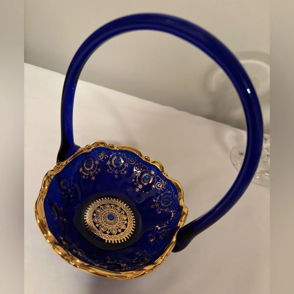 Gorgeous 1960’s Cobalt Blue Glass Basket w/Gold Gilded Decor&Cobalt Blue Beading